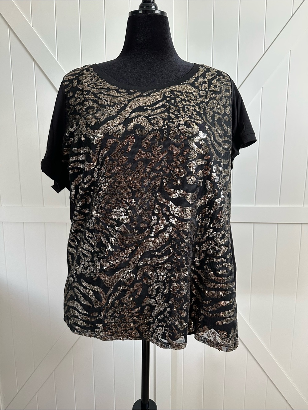 Bob Mackie Wearable Art Black Gold Sequin Animal Print Top XL NWT Holiday
